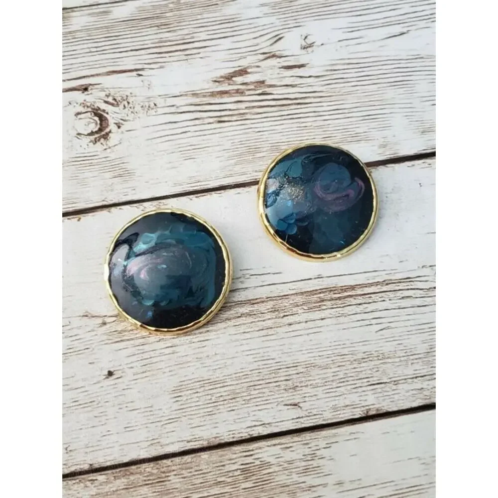 Vintage Clip On Earrings Galaxy Blue/Purple Circle Statement